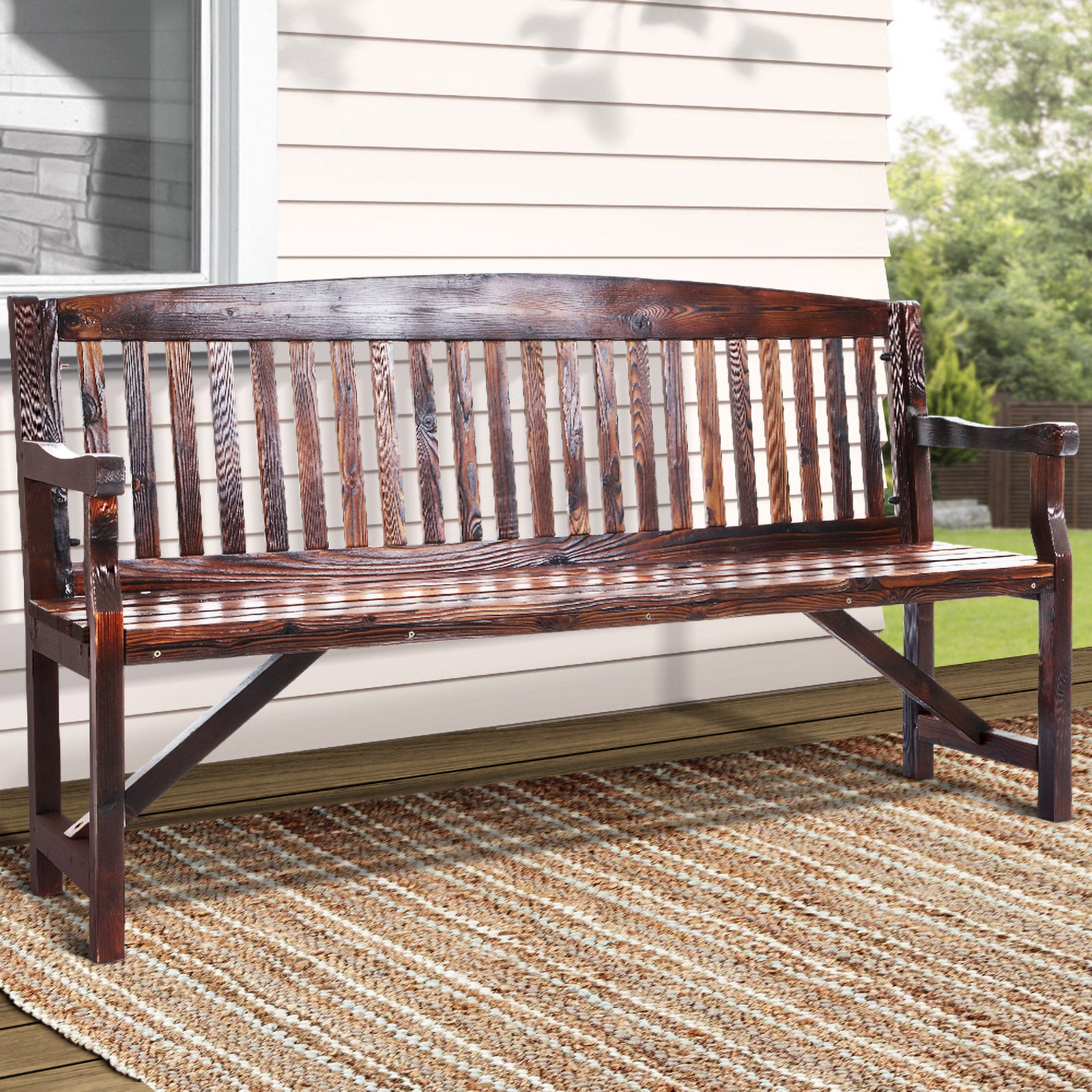 Wooden Garden Bench Chair Natural Outdoor Furniture Décor Patio Deck 3 Seater - Pmboutdoor