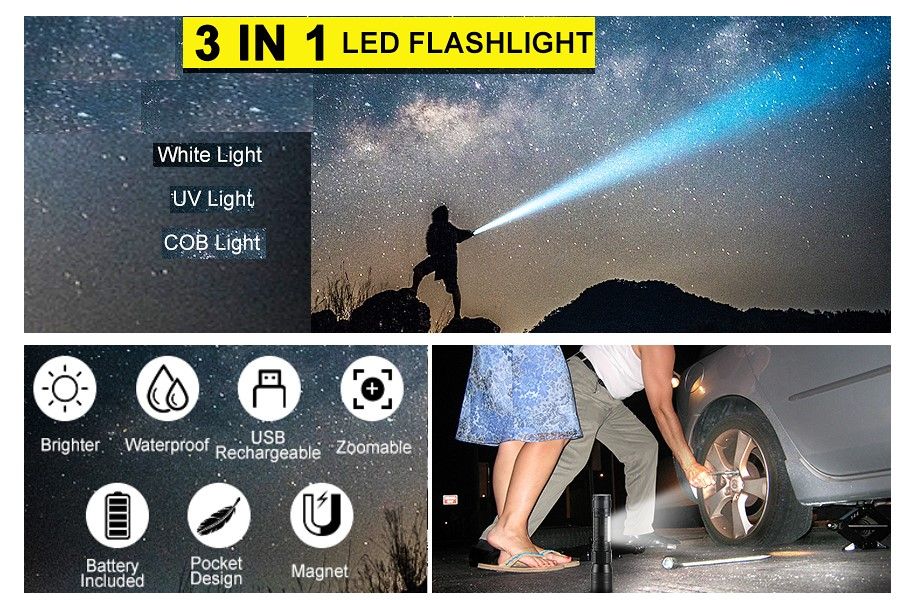 7 Mode Waterproof Rechargeable UV Flashlight Torch for Camping